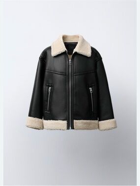 Zara Black Faux-Leather Aviator Jacket with Cream Shearling